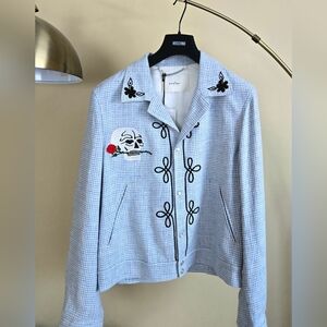 NWT SECOND LAYER Luxury Blue Embroidered Linen Jacket Size:46 Made In Italy